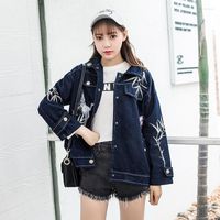 Damenjacken Jean Jacket 2022 Frauen japanischer Stil Streetwear gestickt Jeans Frau Blue Bomber mit Stickmantel DD1523 S
