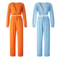 Pantalones de dos piezas para mujeres Fashion 2pcs Set atada Color sólido Cuerpo de manga larga Tops de pantalones de patas anchas