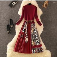 Casual Dresses Elegant Knitted Patchwork Pleated Midi Dress ...
