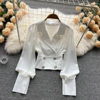 Blouses de mujer Camisas blancas 2022 Spring Notched Puff Button de manga larga Oficina informal Moda Black Blue Pink Tops