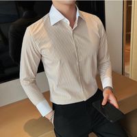 Camisas de vestido masculinas outono de alta qualidade listrado mass de manga longa colorblock grande colar de lapela slim casual mass de festa social camisa