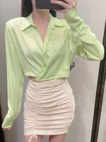 Kadın Bluzları Yljhqx Kadın Moda İpek Doku Katı Dantel Yukarı Kırpılmış Gömlekler Vintage V-Gutt Uzun Kollu Kadın Şık Bayan Top