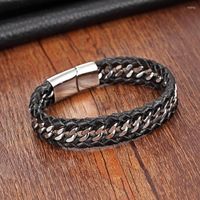 Bracelets de charme xqni aço inoxidável couro genuíno para homens jóias de pulseiras pretas