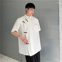 Мужские повседневные рубашки Мужской летний корейский стиль уникальный черный белый пряжка, мужчина, свободная подставка для воротника для m-xlmen