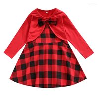Kız Elbiseler Yürümeye Başlayan Bebek Noel Elbise Ekose Baskı Uzun Kollu Yuvarlak Yuvarlak Yay Ön Noel Çocuk Giysileri 1-5 yıl
