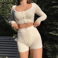 Kadınların izleri Boozrey Sonbahar Moda Zarif Katı Uzun Kollu U-Beeck Açık Düğmesi Üst Sıkı Şort İki Parça Set Sıradan Ekleme Setleri