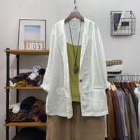 Frauenanz￼ge Solid Vintage Cotton Leinen Frauen Blazer Sommer-Turnhalter mit lang￤rmeligen Taschenlose l￤ssige Outwear-Outwear-M￤ntel Tops