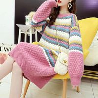 Suéteres femininas Mulheres grossas Moda longa moda arco -íris listrada japonesa kawaii knit jumper pulôver casual whinter warm