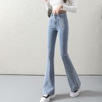 Frauen Jeans Mode Frauen Frühling 2022 hohe Taille schlanke breite Elastizität ausgestattet Hosen Himmelblaue Hosen Tasche Design