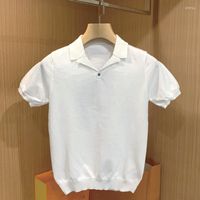 Мужские Polos 2022 летние мужские мода с коротким рукавом выключить воротнички футболки мужские повседневные сплошные топы мужчины вязаные рубашки A88