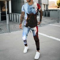 Erkeklerin Trailtsits Erkekler Kısa Kollu Trendi Retro Tshirts Joogers 3D Baskı Yaz Erkekler Takım Tshirt Uzun Pantolon 2 Parça Setleri Sport Pantolon