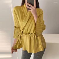 Women' s Blouses Chic V Neck Pleated Clothes Blouse Wome...