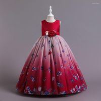 Robes de fille longue fleur imprim￩ fleur rouge rose tulle enfants enfants de remise des dipl￴mes robe de mari￩e de no￫l v￪tements 3-12 ans