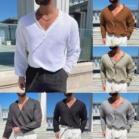 Camisetas para hombres 2022 hombres de lino camiseta de manga larga v cuello top tee machizo de calles machos ropa causal