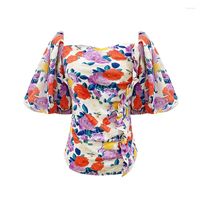 Camicette da donna vesue camicia da donna stampa floreale manica corta sbuffo collare slash kawaii b0592