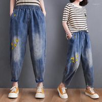 Женские джинсы в стиле искусства винтажная вышивка цветочных женщин эластичная джинсовая ткань обесцвеченные брюки с хлопчатобумажными брюками плюс размер