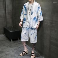 민족 의류 m-5xl 플러스 사이즈 일본 기모노 남성 여름웨어 한국의 짧은 소매 셔츠 반바지 카르지단 세트 xxxxxl