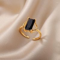 Cluster anneaux rectangle pierre de zircon noir pour les femmes ouvertes ajusté en or coulable en acier inoxydable anneau boho mariage bijoux de mariage