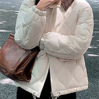 여자 다운 파카 퀼트 재킷 여자 가을 겨울 턴 칼라 레이스 경고 짧은 복어 코트 펨메 캐주얼 빈티지 아웃웨어 탑 220902