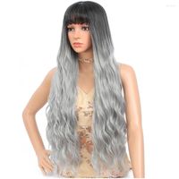 Pelucas sintéticas cabello en blanco gris ombre para mujeres fibra resistente al calor ondulada con flequillo de cosplay uso diario