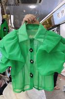 여성용 블라우스 2022 여름 퍼프 슬리브 칼라 다목적 쉬폰 셔츠 여성 달콤한 3 차원 꽃 버튼 탑