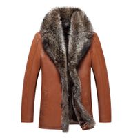 남성 겨울 따뜻한 모피 칼라 코트 남자를위한 가죽 자켓 진짜 너구리 아웃복 오버 코트 두꺼비 플러스 크기 긴 재킷 4xl 5xl