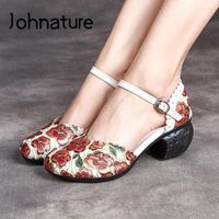Sandalias Johnature Women Shoes Platform de cuero genuino 2022 Correa de hebilla Impresi￳n Retro Retro Conciso Leisure Damas