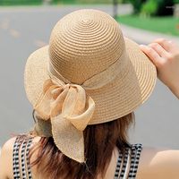 넓은 챙 모자 우아한 활 리본 밀짚 여자 여자 단색 라운드 UV 보호 태양 모자 여름 여름 숙녀 해변 해변 모자 고르 라 혹스