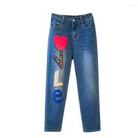 Женские джинсы весна лето в корейском стиле моды дамы панк -уличная одежда, женщины, напечатанные голубые винтажные джинсовые брюки, разорванные брюки гарема 4xl