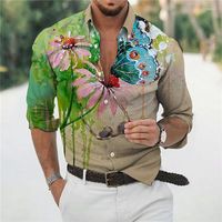 Мужские повседневные рубашки на гавайской мужской рубашке для бабочки 3D с длинным рукавом цветочный пляж пляж кнопка на пуговицах Top Summer Clothing 2022