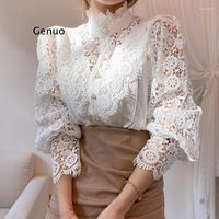 Women' s Blouses Petal Sleeve Stand Collar Hollow Out Fl...