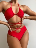 Kadın Mayo 2022 Yaz Seksi Kadın Bikini Seti Yular Düz Renk Kayışı Çapraz Bölünmüş Mayo Plaj Giyim Mayo Takımını İki Parça