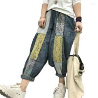 Женские джинсы Fairynatural Korean Luxury Designer Spring Adumn Женская печать с цветочными брюками Женщины Ретро лоскутные джинсовые брюки плюс