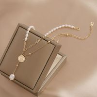 Gargantilla allMe coreano retro perla de agua dulce natural para mujeres color de moneda de moneda redonda de oro colgante asim￩trico colgante
