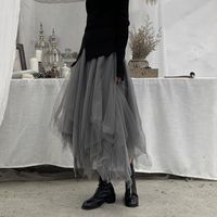 Saias punk gótico preto tule skia longa feminina coreana harajuku elástico irregular alta cintura uma linha plissada midi 2022 faldas jupe
