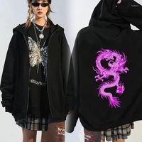 Women's Hoodies Chinese Dragon Print Gothic Streetwear Long Sleeve Zip Up Y2k Grunge Clothes Sweatshirt Fashion Punk Sport Coat Pullover