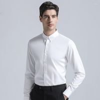 Camisas de vestimenta para hombres de alta calidad Collar de hebilla formal para hombres Mezcla de algod￳n cl￡sico Color s￳lido Trajes de negocios de manga larga blanca