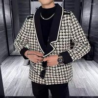 Erkek Ceketler İngiliz Stil Erkek Twoundoth Desen Blazer Maskulino İnce Fit Sosyal Kulüp Kıyafetleri Dikiş Düzensiz Yakası Hombre