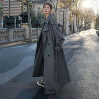 سترات المرأة على الطراز الكوري فضفاضة كبيرة الحجم xlong معطف الخندق الخندق مزدوج سيدة مربوطة Cloak Windbreaker Spring Fall Wearwear Gray 220908