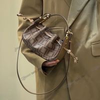 Pomodorino Brown Mini Bag DrawString Closure Pu Fabric Brown F 인쇄 완성 된 베이지 가죽 지갑 숙녀 고급 디자이너 크로스 바디 핸드백 어깨 가방 버킷