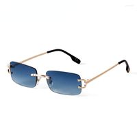 نظارة شمسية زرقاء Rimless Rectangle Men 2022 تصميم العلامة التجارية المعادن الأزياء مربع نظارات الشمس للنساء العدسة التدرج