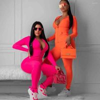 Kadınlar İki Parçalı Pantolon Neon Pembe Turuncu Parçalar Set Kadın Fitness Sportswear 2022 Sonbahar Uzun Kollu Sıska Üstler Elastik Taymalar Takip