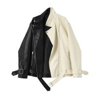 Модная лацканая кожаная куртка из кожаная куртка черно -белая сплайсинг женский мотоцикл пальто