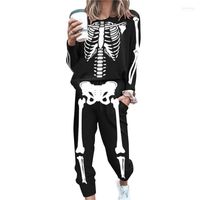 Pantaloni da donna a due pezzi Pullover stampato con scheletro nero Hirigin