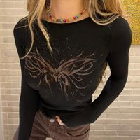 Kadın Tişörtleri Kadın Kelebek Grafik Siyah T-Shirt Sonbahar O Boyun Uzun Kollu Sıska Tees Tepeler Kadınlar Günlük Mahsul Top Fairy