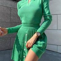 Kadınlar için İki Parça Elbise Sonbahar Dönüş Yakalamalı Uzun Kollu Kadınlar Set Seti Kazak Pileli Etek Takım Sıradan Örgü 220916