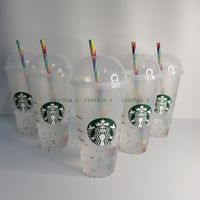 24oz Starbucks Dome Tampa de arco -￭ris copo reutiliz￡vel de pl￡stico reutiliz￡vel bebida clara Copo inferior da x￭cara de pilar da palha de palha bardia