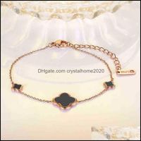 Pulseras de encanto Versi￳n coreana de 18k Rose Gold Four Clover Bracelet for Girls Black Epoxy Titanium Joya de acero Drop de gota 66 OT4TA