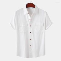 القمصان الخاصة بالقميص أبيض قميص أبيض من الكتان القطن غير الرسمي لأكمام قصيرة من طوق الصيف الصيفية ذات الألوان الصلبة الصلبة.