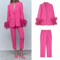 Pantaloni da donna a due pezzi autunno piuma blazer dritti donne giacca rosa singolo lady elegante solido a maniche lunghe esterno chic tops 220919